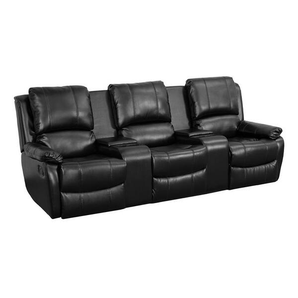 Offex Black Leather Pillowtop 3Seat Home Theater Recliner with Storage